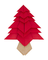 Image showing Red christmas tree made of paper. Origami evergreen tree