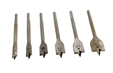 Image showing Specific metallic drill bits for wood on white 