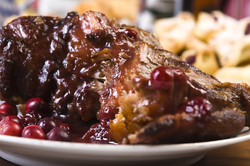 Image showing Delicious Scrambled Grilled meat with cranberry sauce 