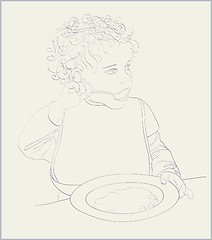 Image showing Little girl eats porridge. Toddler girl feeding herself with a spoon of porridge.