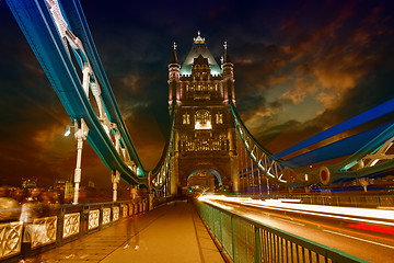 Image showing Tower Bridge at Night with car light trails - London