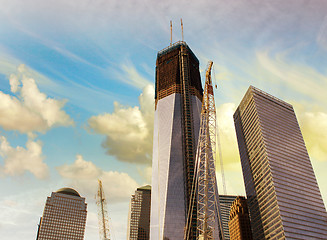 Image showing Manhattan Skyscrapers with dramatic Sky on background