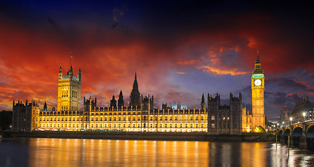 Image showing Sunset Colors over Big Ben and House of Parliament - London