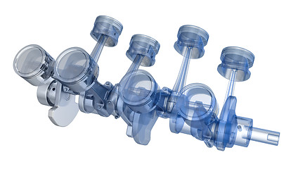 Image showing V8 engine pistons on a crankshaft, half x-ray version