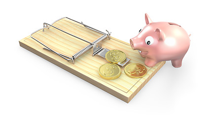 Image showing Piggy bank and mouse trap