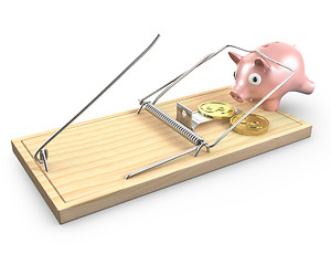 Image showing Piggy bank caught in a mouse trap