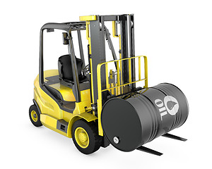 Image showing Yellow fork lift lifts oil barrel