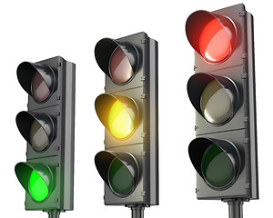 Image showing Three traffic lights, red green and yellow