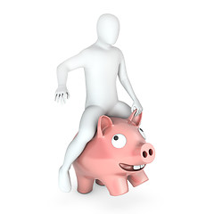 Image showing Abstract white man holds rides on piggy bank