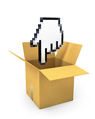 Image showing Pixel hand cursor flies to carton box