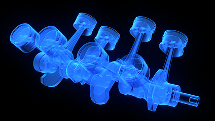 Image showing V8 engine pistons on a crankshaft, blue x-ray version