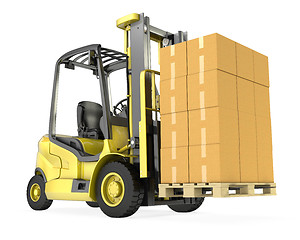 Image showing Yellow fork lift truck with big stack of carton boxes