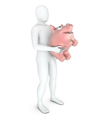 Image showing Abstract white man holds pinky piggy bank