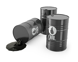 Image showing Three barrels and spilled oil