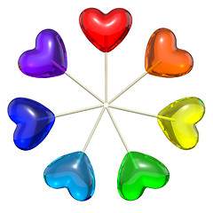 Image showing Seven heart shaped lollipops colored as rainbow