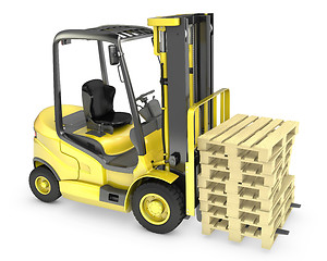 Image showing Yellow fork lift truck, with stack of pallets