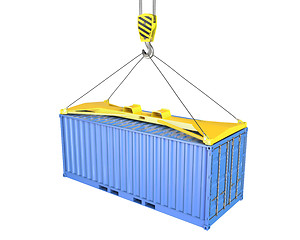 Image showing Freight container hoisted on container spreader