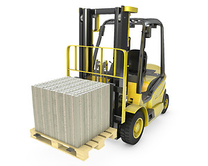 Image showing Yellow fork lift truck moves stacked dollars