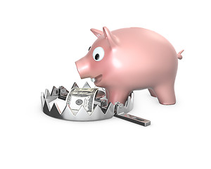 Image showing Piggy bank in a bear trap