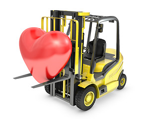 Image showing Fork lift truck lifts red heart