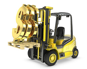 Image showing Fork lift truck lifts gold dollar sign