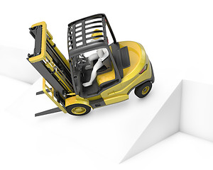 Image showing Yellow fork lift truck falling after turning on slope