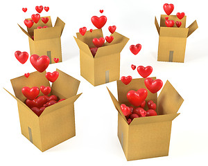 Image showing A lot of carton boxes with red hearts flying out of them