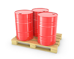 Image showing Three red barrels on a pallet