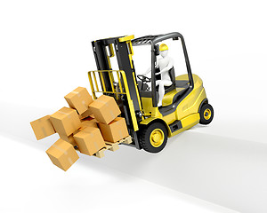 Image showing Fork lift truck falling from loading dock