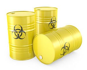 Image showing Three yellow barrels with biohazard symbol