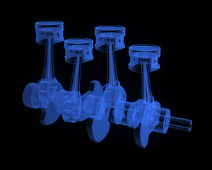 Image showing Engine pistons on a crankshaft, blue x-ray version