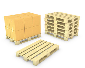 Image showing Stack of cardboard boxes and stack of pallets
