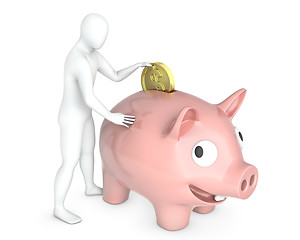 Image showing Abstract white guy puts coin into piggy bank