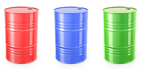 Image showing Three single red barrels, red, green and blue