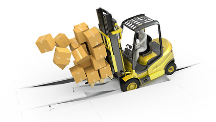 Image showing Fork lift truck with heavy load crashing through floor