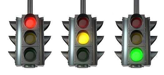 Image showing Set of traffic lights, red, green and yellow