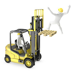 Image showing Abstract white man falling from lift truck fork