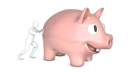 Image showing Abstract white man holds pushes giant piggy bank