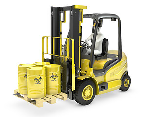 Image showing Fork lift truck with biohazard barrels