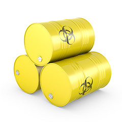 Image showing Three yellow barrels with biohazard symbol