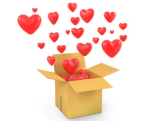 Image showing Carton box with a lot of flying out hearts