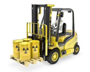 Image showing Fork lift truck with radioactive barrels