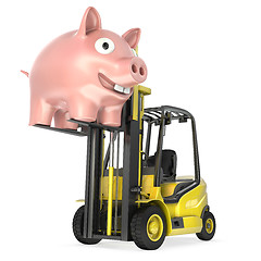 Image showing Fork lift truck lifts up coin bank