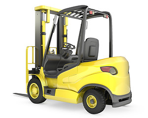 Image showing Yellow fork lift truck, rear view