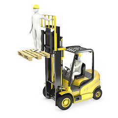 Image showing Abstract white man in a fork lift truck, lifting other worker on