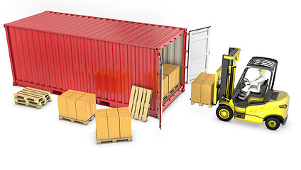 Image showing Yellow fork lift truck unloads red container