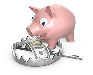 Image showing Piggy bank in a bear trap