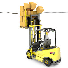 Image showing Fork lift truck with high load hits wires