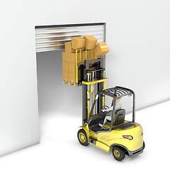 Image showing Fork lift truck with high load hits door