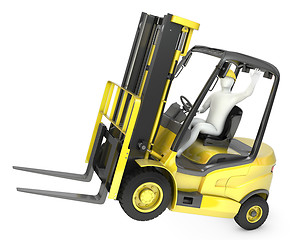 Image showing Abstract white man in a fork lift truck, balancing on rear wheel